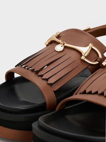 Horsebit & Fringe Platform Sandals, Brown, hi-res
