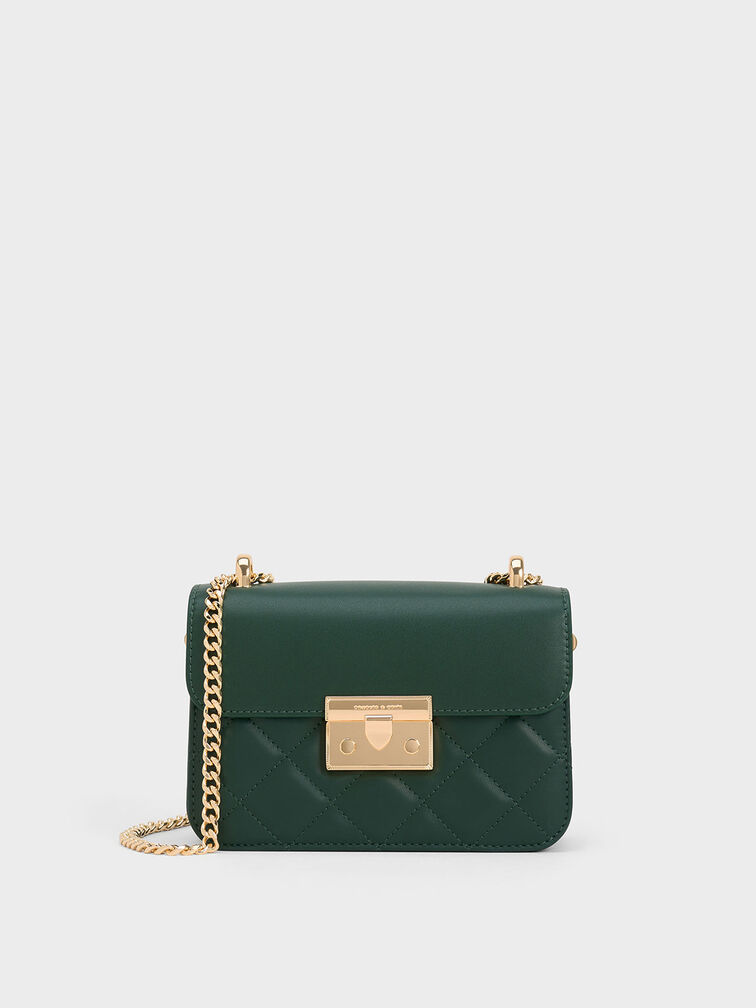 Dark Green Quilted Push-Lock Chain-Handle Bag - CHARLES & KEITH IN