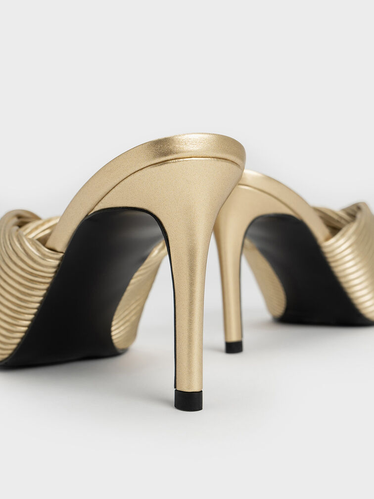 Pleated Wrap Heeled Mules, Gold, hi-res