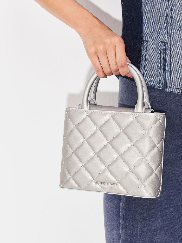 Gem-Embellished Padded Tote Bag, Silver, hi-res