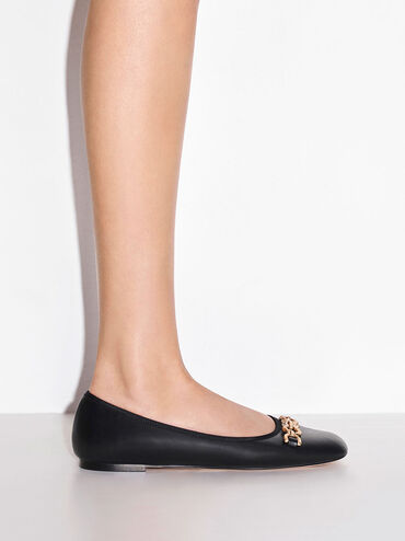 Chain Link Ballerina Flats, Black, hi-res