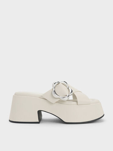 Flower-Buckle Crossover Platform Mules, Chalk, hi-res