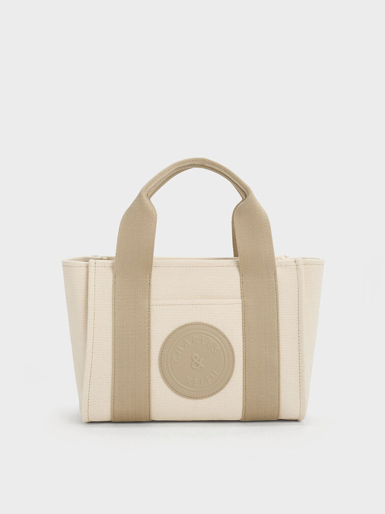 Large Canvas Contrast-Trim Tote Bag, Taupe, hi-res