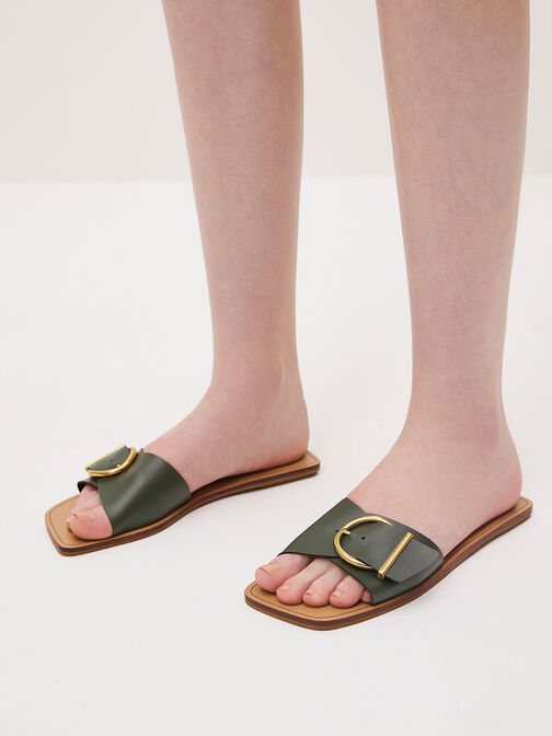 Square Toe Buckled Slides, Olive, hi-res