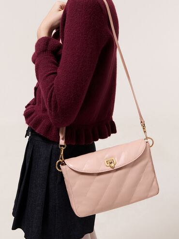 Fawn Panelled Front Flap Chain-Handle Bag, Light Pink, hi-res