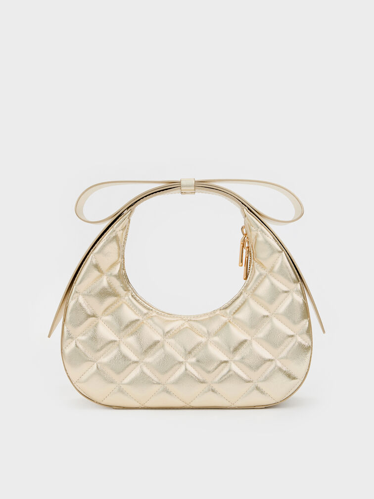 Janie Metallic Quilted Bow-Handle Crescent Bag, Champagne, hi-res