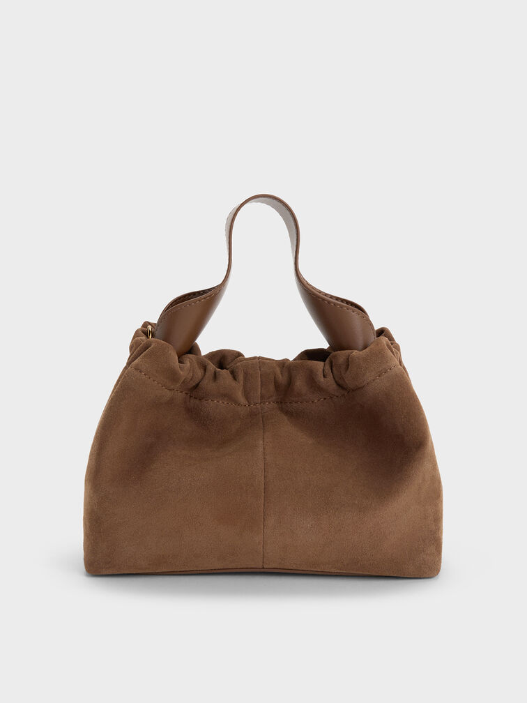 Ally Recycled Suede Ruched Slouchy Chain-Handle Bag, Mocha Brown, hi-res