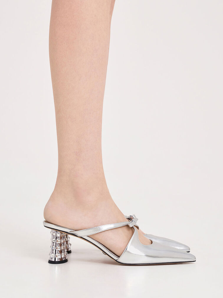 Bow Crossover Gem-Embellished Mules, Silver, hi-res