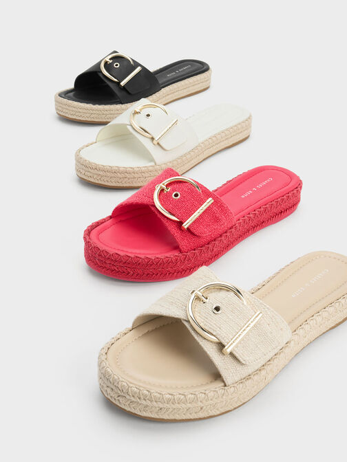 Linen Buckled Espadrille Flat Sandals, Fuchsia, hi-res