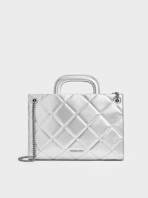 Apfra Metallic Quilted Chain-Handle Bag, Silver, hi-res
