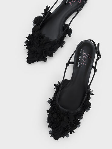 Floral Mesh Slingback Flats, Black, hi-res