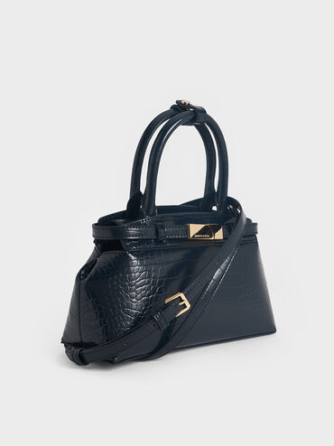 Aurelia Croc-Effect Metallic-Accent Elongated Tote, Navy, hi-res