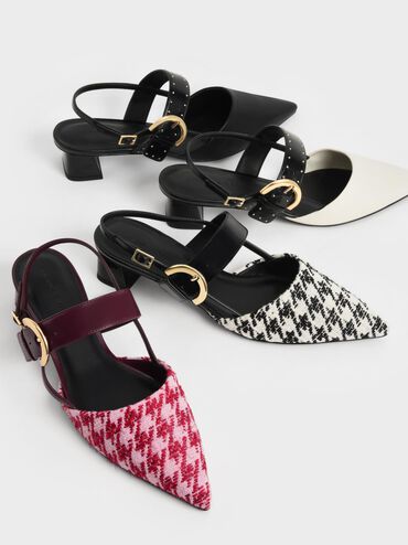 Studded Buckled Slingback Pumps, Black, hi-res