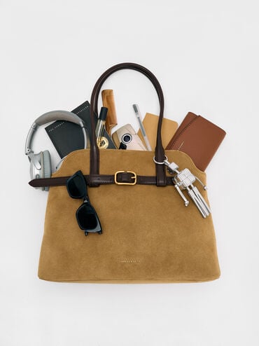 Victoria Recycled Suede Belted Trapeze Tote Bag, Sahara Sand, hi-res