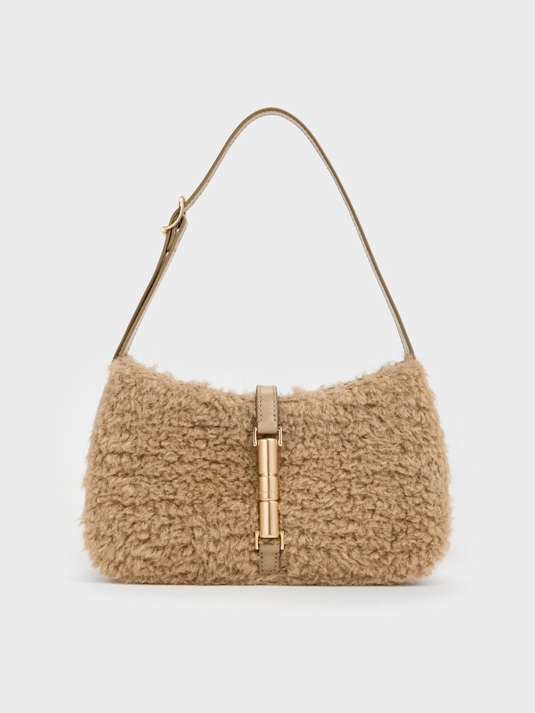 Cesia Faux Shearling Metallic-Accent Shoulder Bag, Nutmeg Beige, hi-res