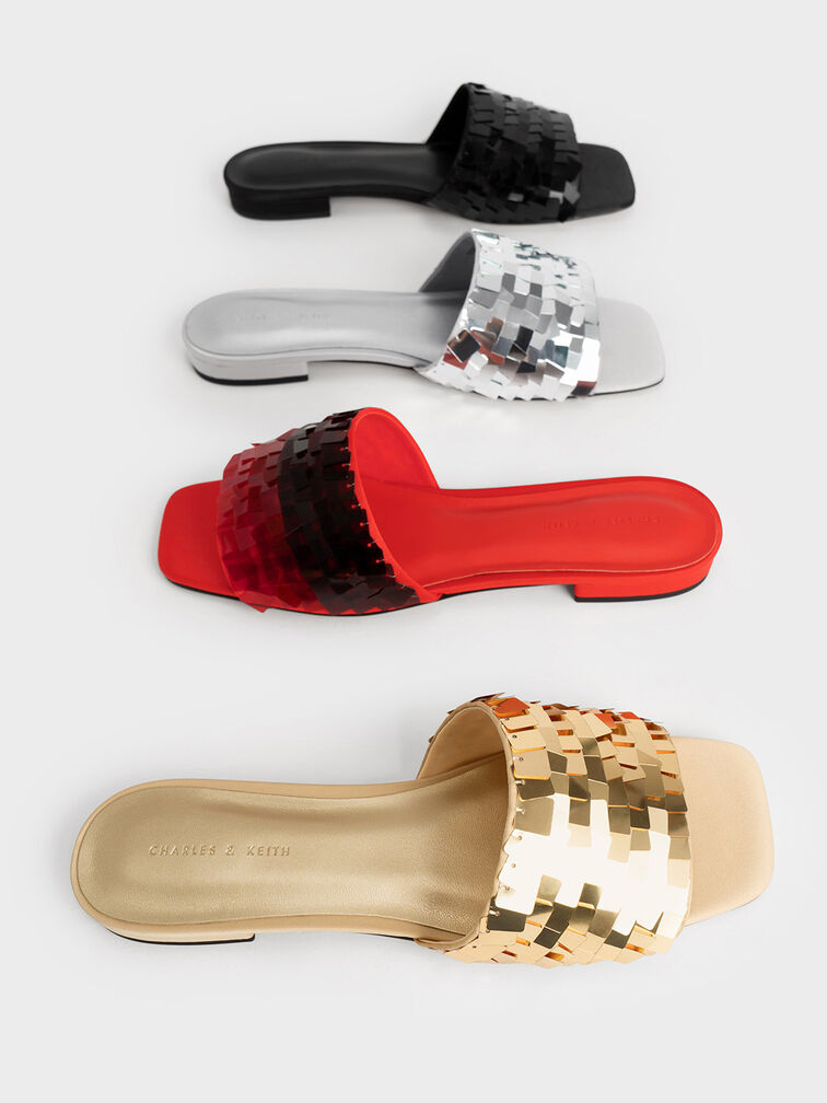 Sequinned Satin Slide Sandals, Silver, hi-res