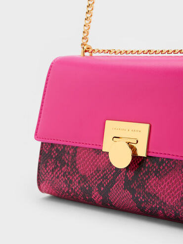 Snake Print Metallic Accent Clutch, Fuchsia, hi-res