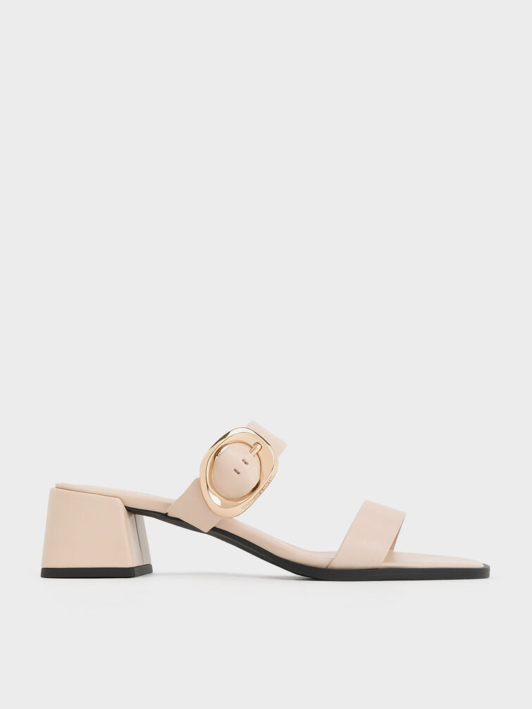 Oval Buckle-Accent Trapeze-Heel Mules, Nude, hi-res