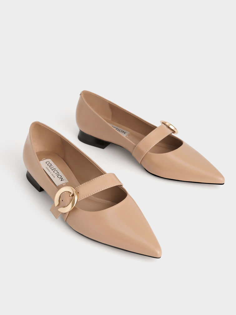Metallic Buckle Leather Mary Janes, Nude, hi-res