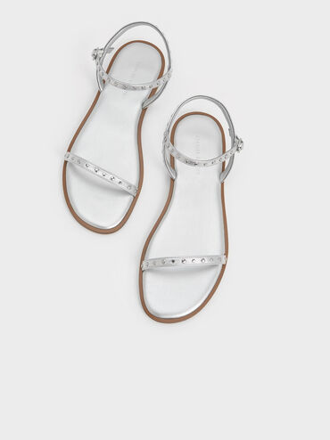 Metallic Studded Open-Toe Sandals, Silver, hi-res