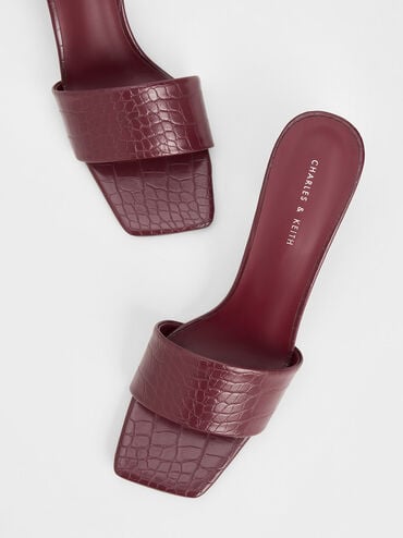 Croc-Effect Square Block Heel Mules, Animal Print Burgundy, hi-res