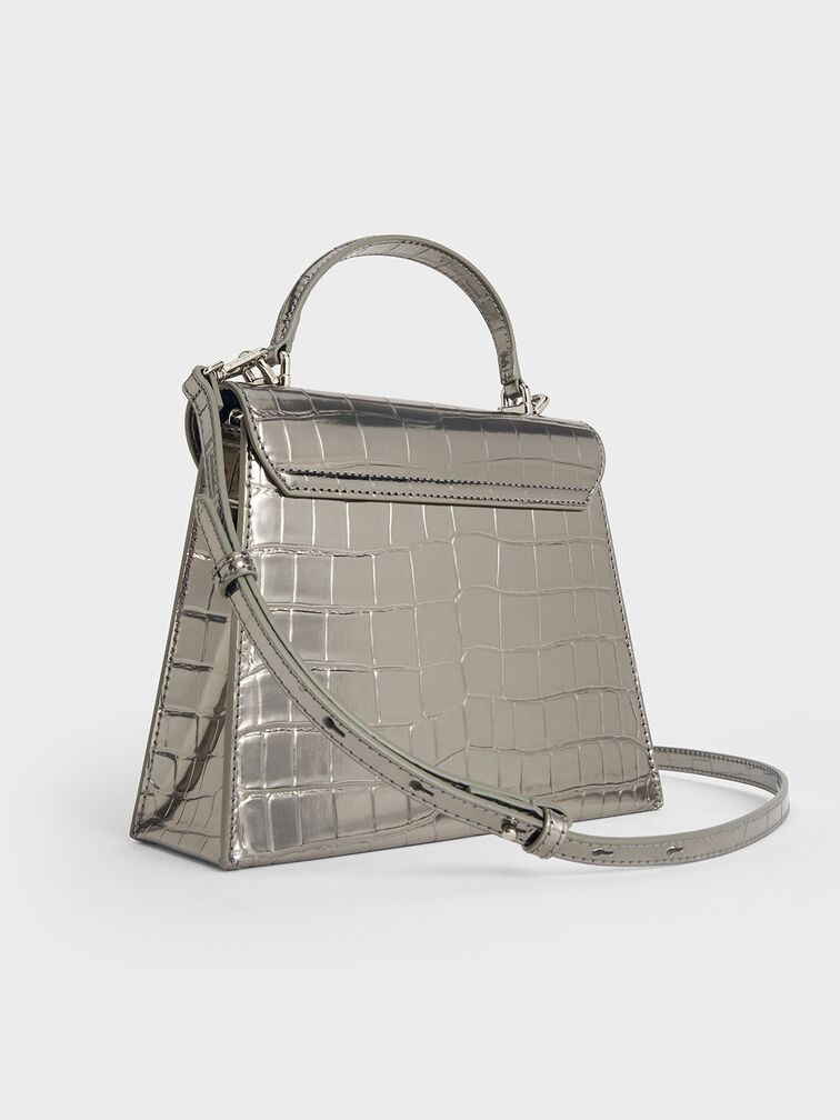 Samantha Metallic Croc-Effect Envelope Top Handle Bag, Pewter, hi-res