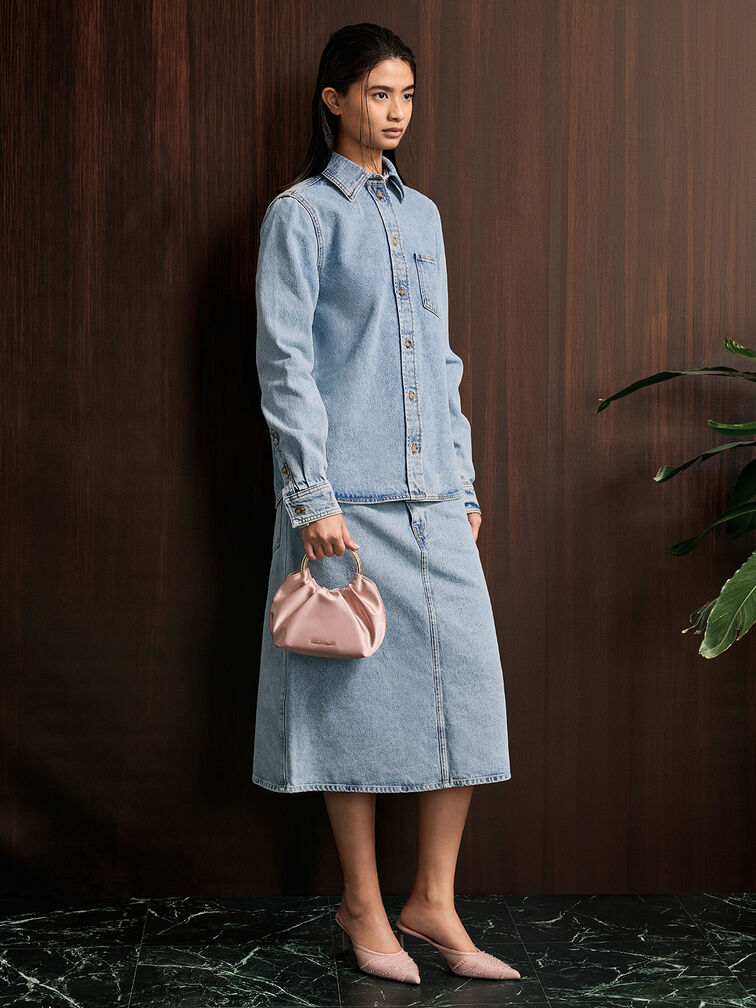 Satin Ruched Ring-Handle Bag, Ballerina Pink, hi-res