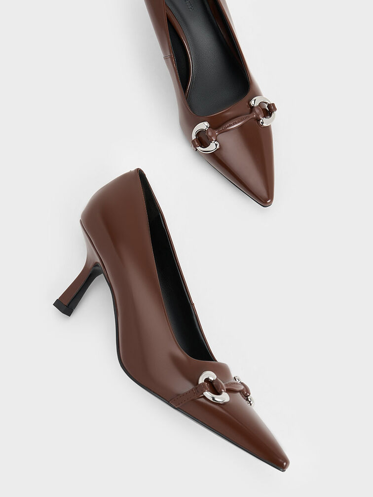 Metallic Accent Kitten-Heel Pointed-Toe Pumps, Dark Brown, hi-res