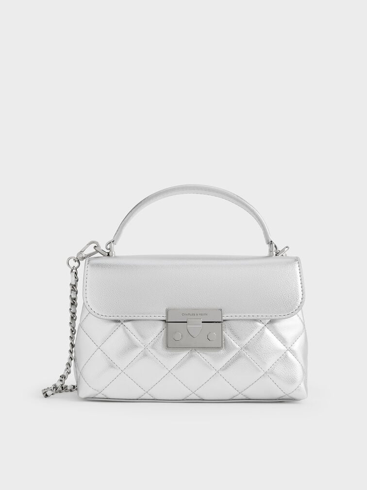 Alva Metallic Quilted Top Handle Bag, Silver, hi-res