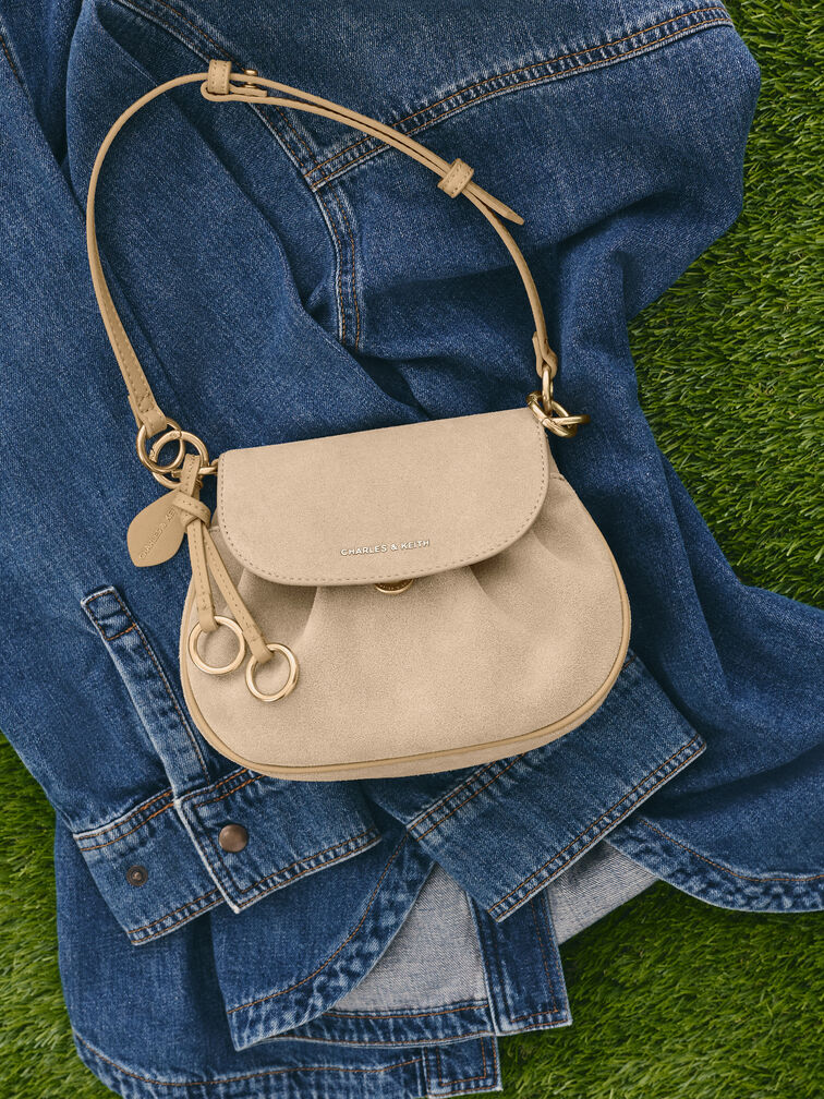 Britton Recycled Suede Ruched Saddle Bag, Nutmeg Beige, hi-res