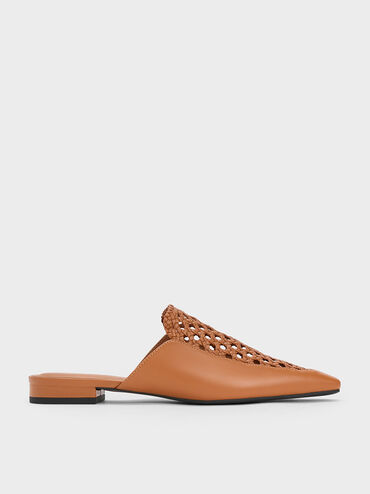 Woven Tapered Flat Mules, Cognac, hi-res