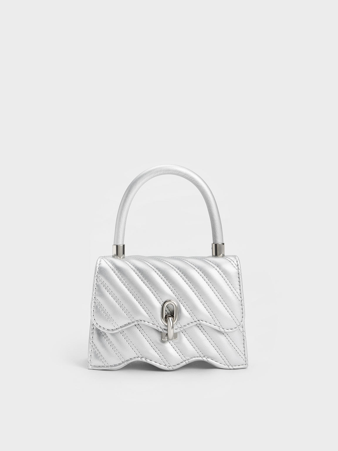 Freja Wavy Quilted Top Handle Bag, Silver, hi-res