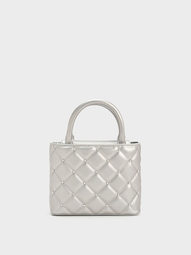 Gem-Embellished Padded Tote Bag, Silver, hi-res