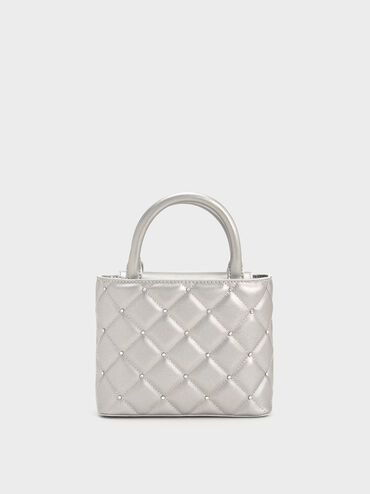 Gem-Embellished Padded Tote Bag, Silver, hi-res