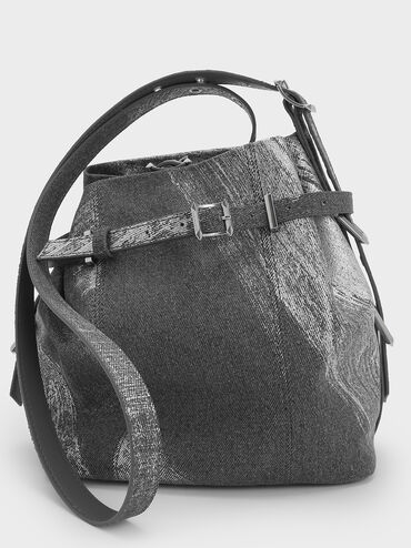 Bryna Brushed Denim Belted Bucket Bag, Silver Brushed Denim, hi-res