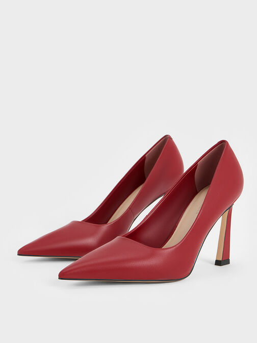 Pointed-Toe Trapeze-Heel Pumps, Red, hi-res