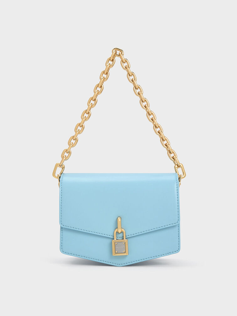 Lock-Motif Geometric Crossbody Bag, Light Blue, hi-res