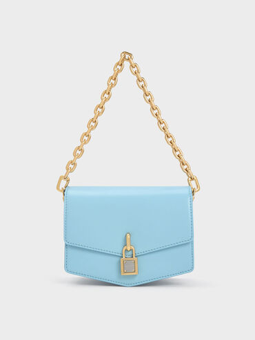 Lock-Motif Geometric Crossbody Bag, Light Blue, hi-res