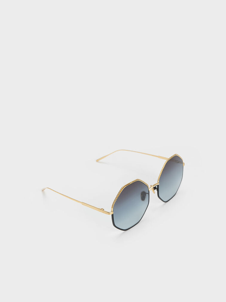 Hexagonal Wire-Frame Sunglasses, Black, hi-res