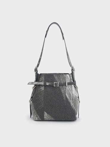 Bryna Brushed Denim Belted Bucket Bag, Silver Brushed Denim, hi-res