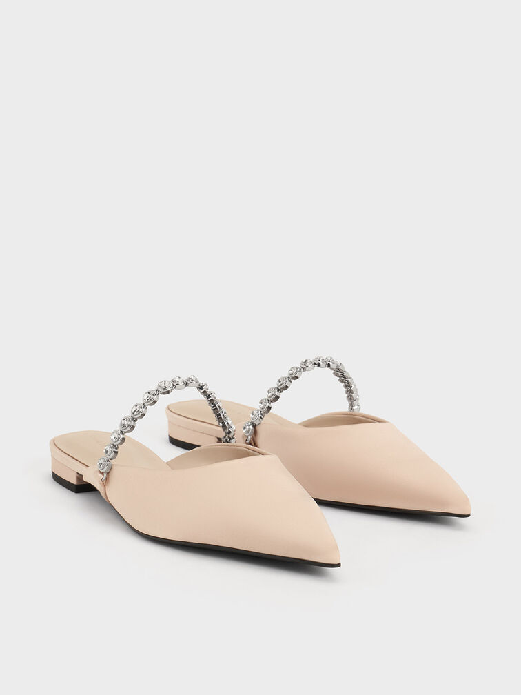 Flores Recycled Polyester Gem-Strap Metallic Flat Mules, Beige, hi-res