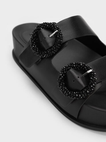 Beaded Circle Slide Sandals, Black, hi-res
