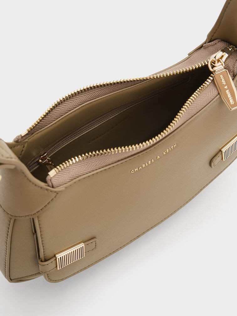 Metallic-Accent Curved Shoulder Bag, Taupe, hi-res