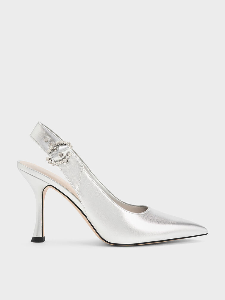 Embellished Metallic Slingback Pumps, Silver, hi-res