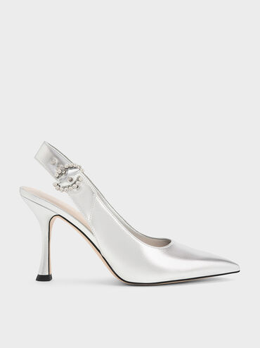 Embellished Metallic Slingback Pumps, Silver, hi-res