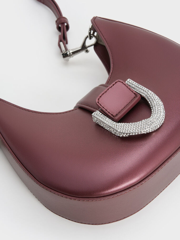 Gabine Leather Crystal-Embellished Hobo Bag, Prune, hi-res