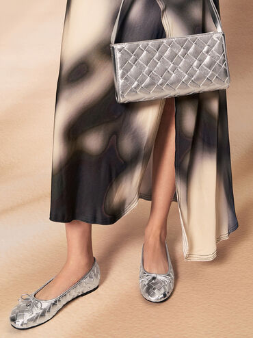 Ivette Metallic Woven Elongated Shoulder Bag, Silver, hi-res
