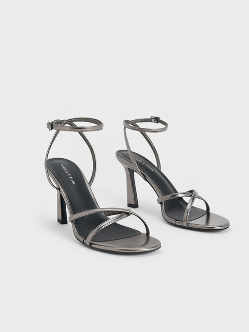 Metallic Crossover-Strap Heeled Sandals, Pewter, hi-res