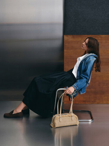 Nelly Recycled Suede & Faux Shearling Elongated Shoulder Bag, Nutmeg Beige, hi-res