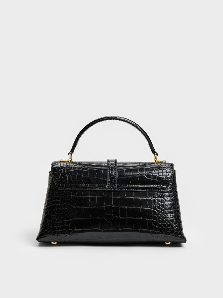 Adalyn Croc-Effect Metallic-Buckle Chain-Strap Top Handle Bag, Black Croco, hi-res